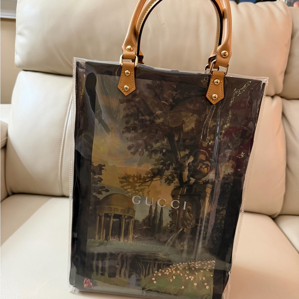 Gucci Artistic Print Transparent Tote with Tan Handles